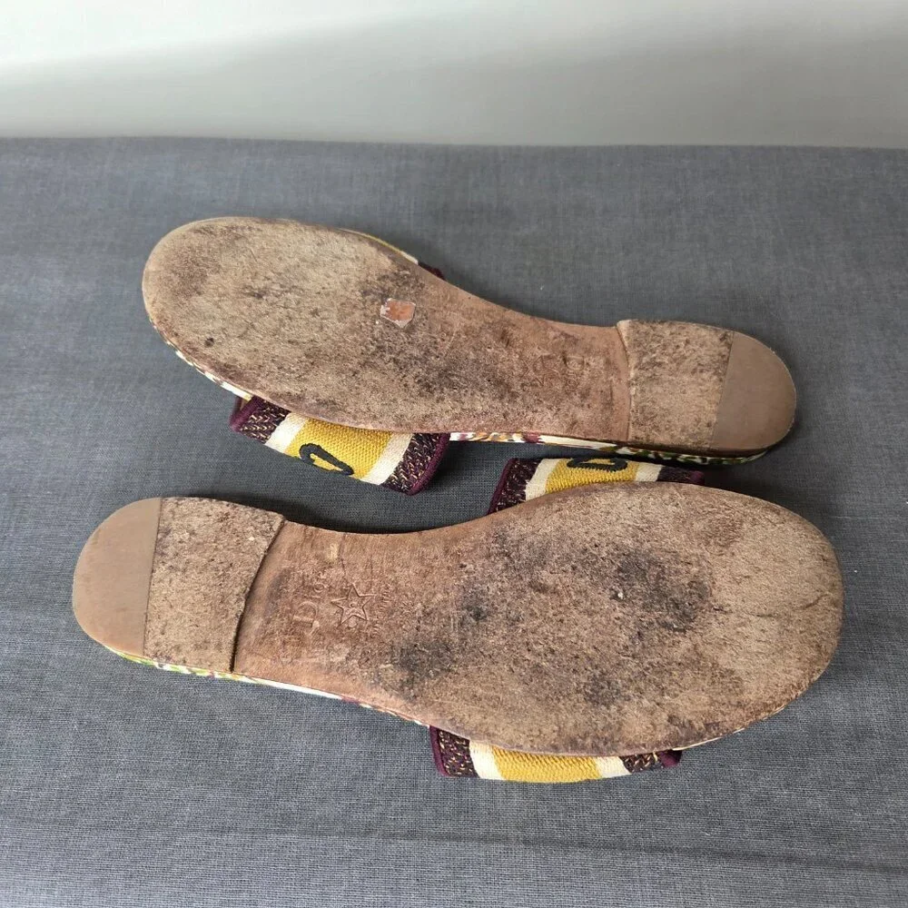 Dior Multicolor Canvas Logo Slide Sandals with Yellow Stripe